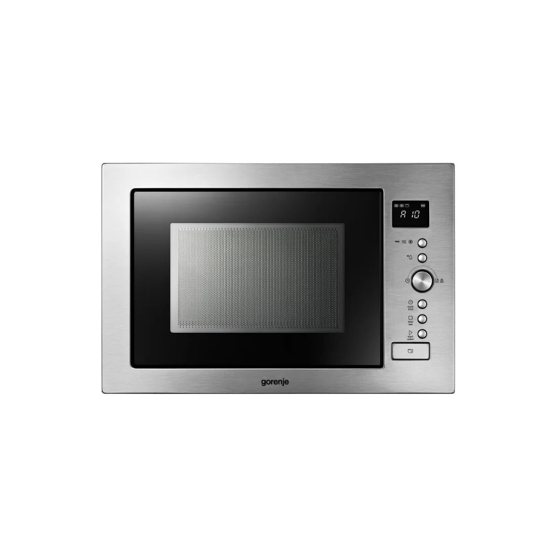 Forno Micro-ondas Combinado Gorenje 32 Litros Inox 60cm com acabamento em aço inox e vidro preto.